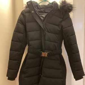 Black puffer coat with belt, fur lined hood